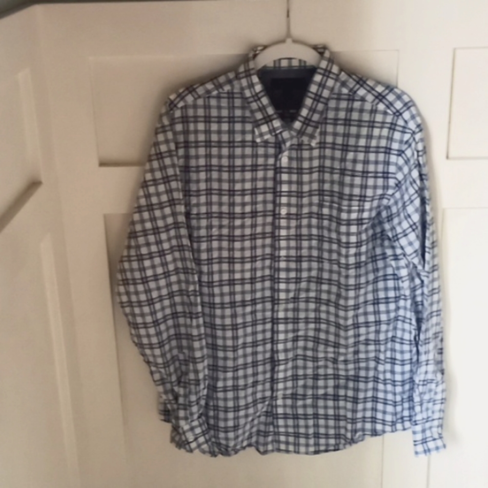 Banana Republic Blue &White Plaid Soft Wash Tailored Slim Fit Button Up Sz Lg